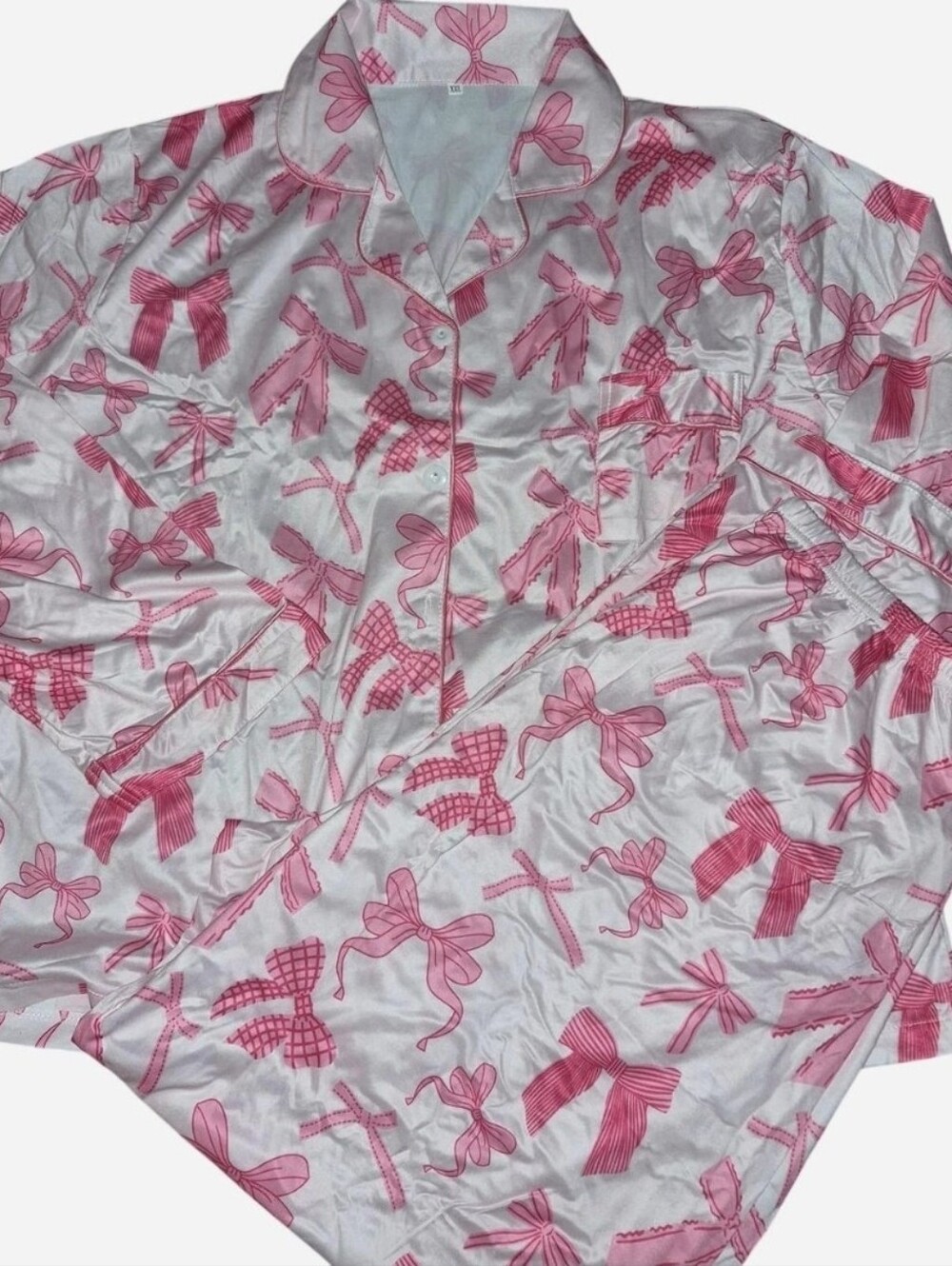 Women's Pink Bow Print On White Pajama Set
